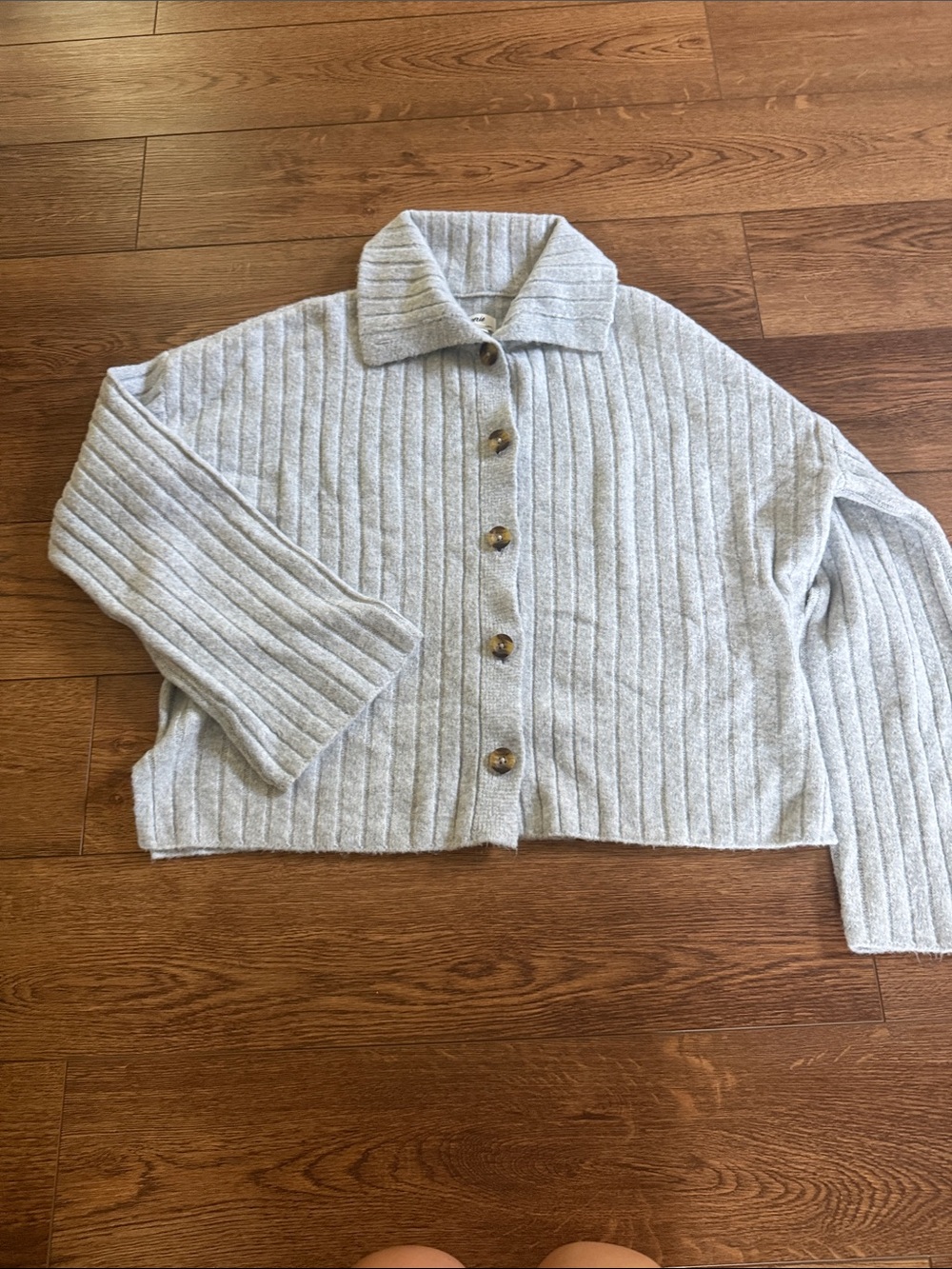 aerie Light Gray Ribbed Button-Up Cardigan